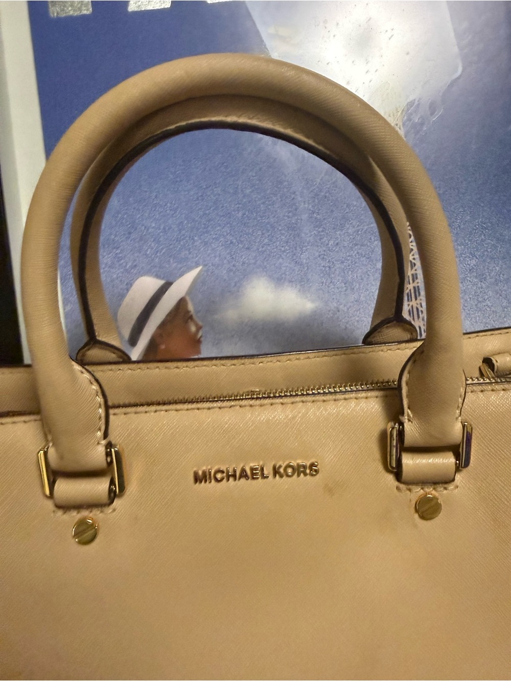Michael Kors Tan-Beige Structured Satchel with Gold Hardware